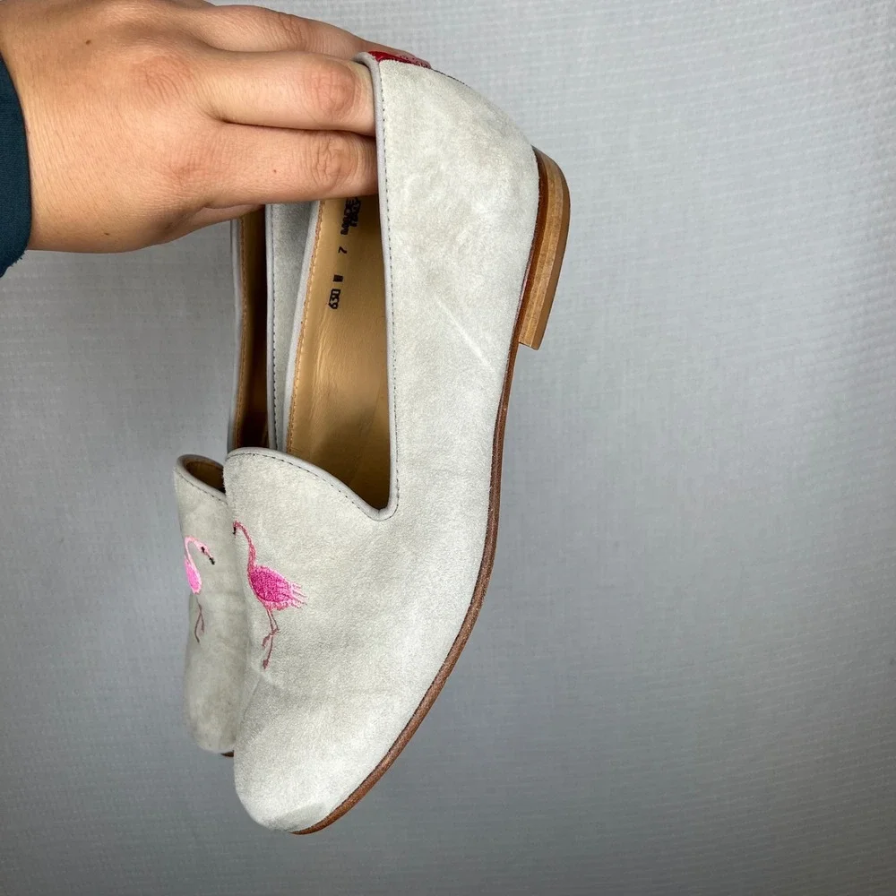 Del Toro Women's‎ Size 7 Gray Suede Flamingo Embroidered Loafers Flats Shoes